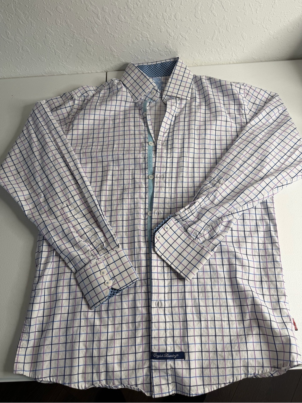 English Laundry White Dress Shirt with Blue and Purple Windowpane Check
